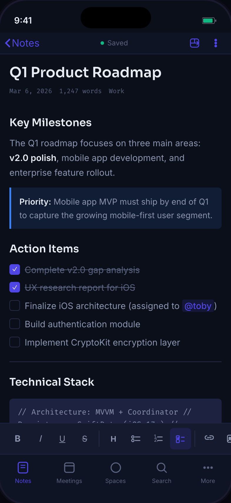 XeoNote editor on iPhone in dark mode showing a note with a checklist and headings.