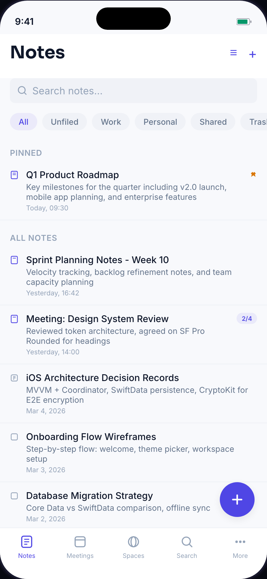 XeoNote on iPhone showing the notes list with folders and recent notes.