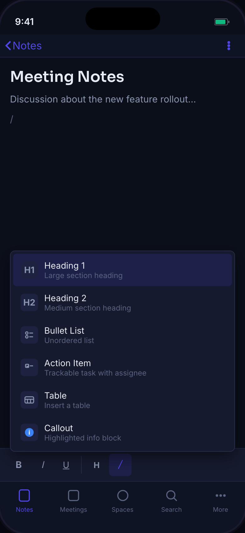 The slash command palette open inside a note on iPhone showing block options.