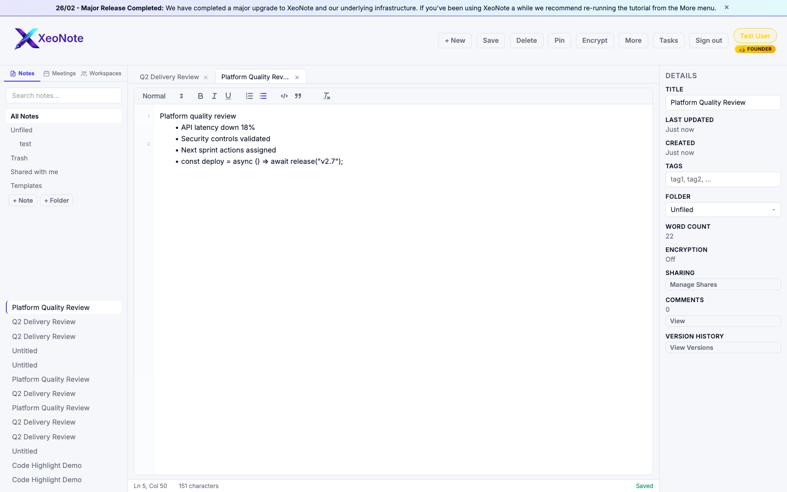 XeoNote dashboard view