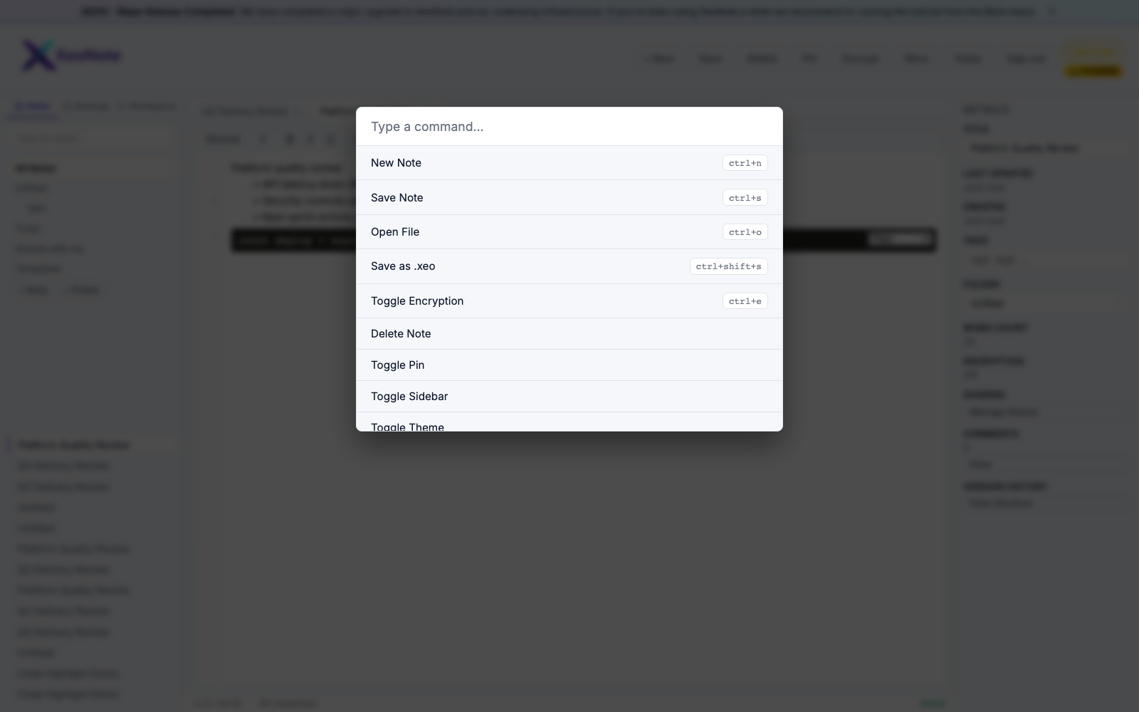 XeoNote command palette