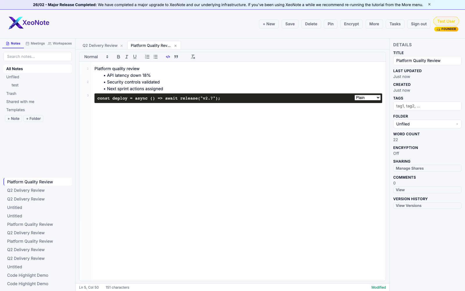 XeoNote editor with rich formatting and code support