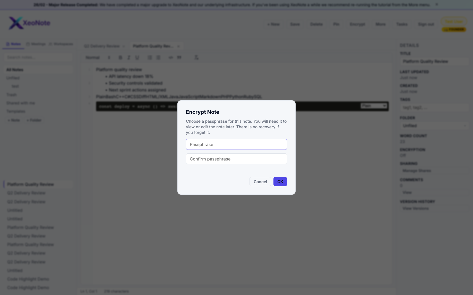 XeoNote encryption modal