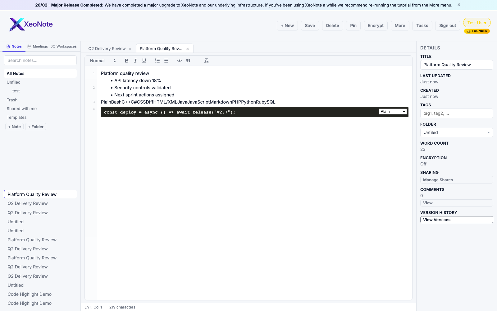 XeoNote meetings mode