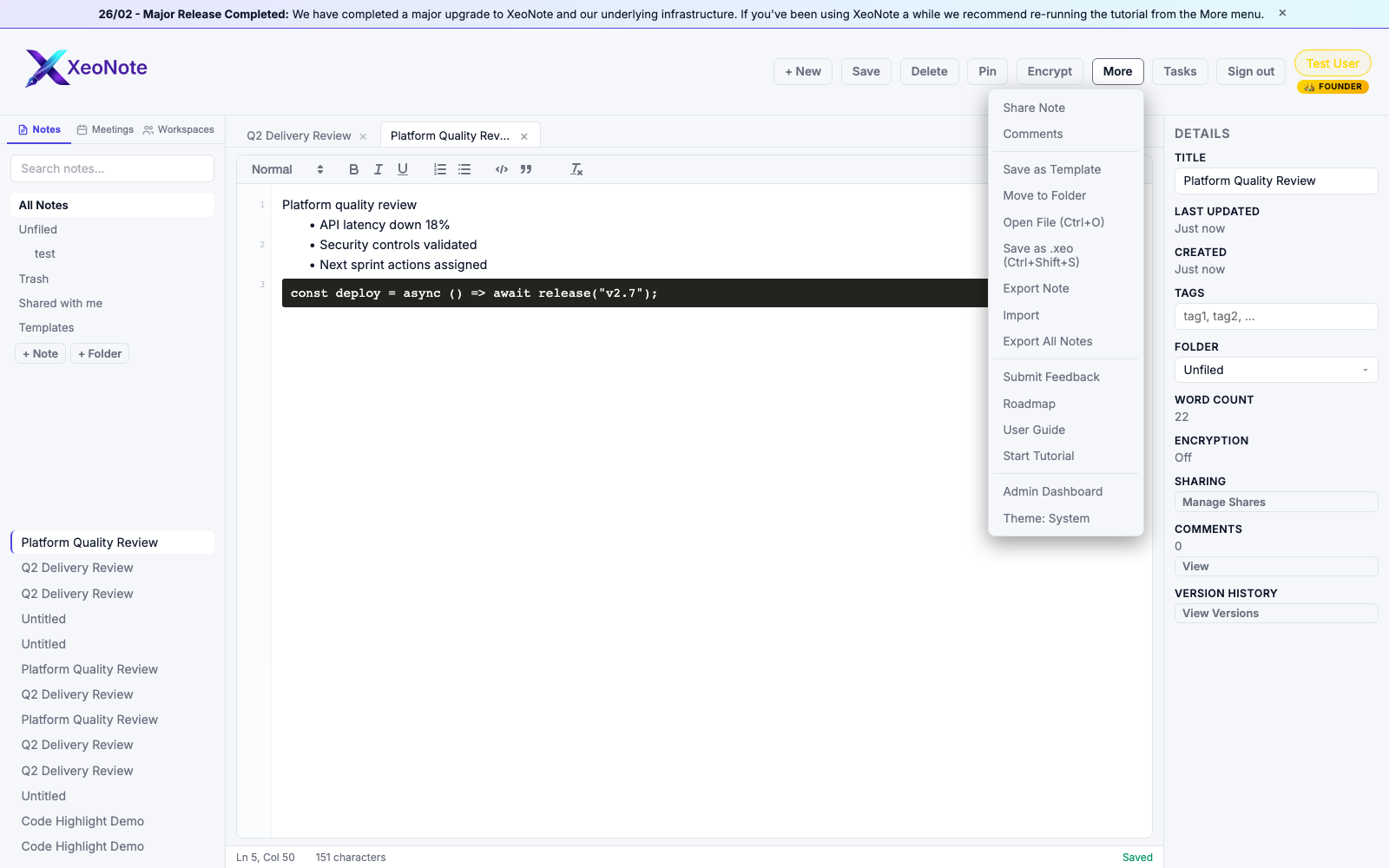 XeoNote more menu options