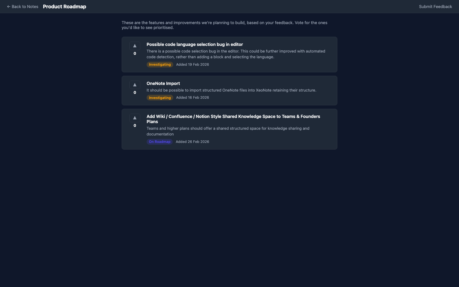 Product roadmap page in XeoNote
