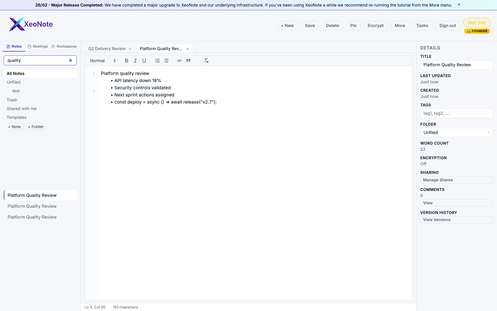 XeoNote note search results view
