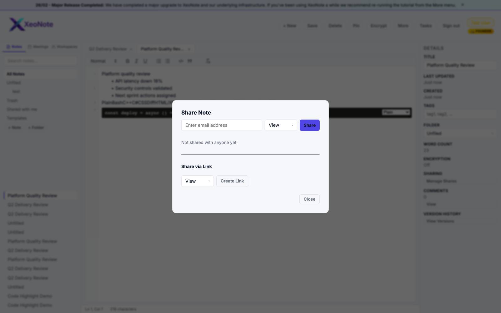 XeoNote note sharing controls