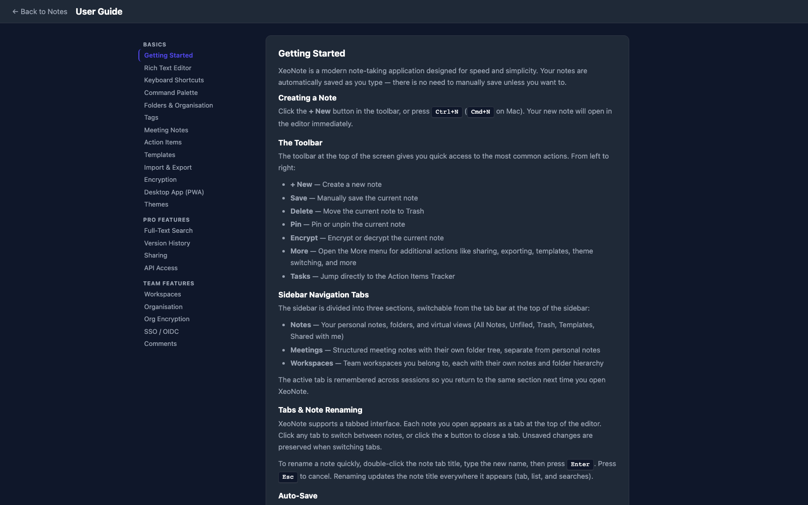 XeoNote user guide API and feature reference
