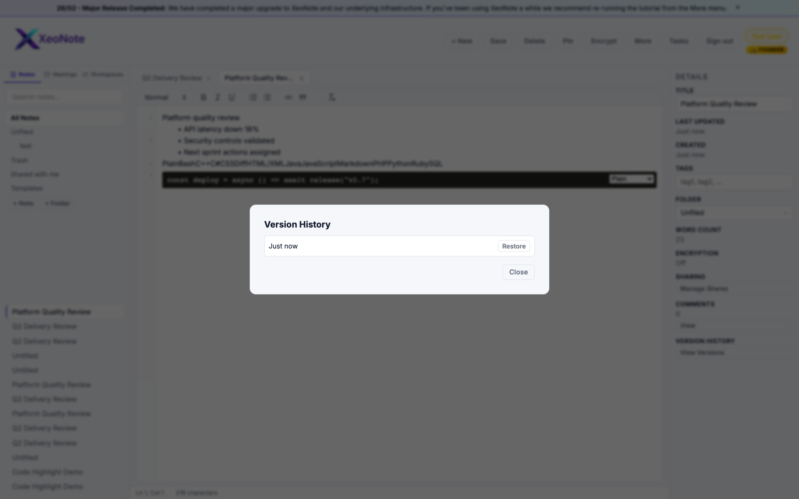 XeoNote version history modal