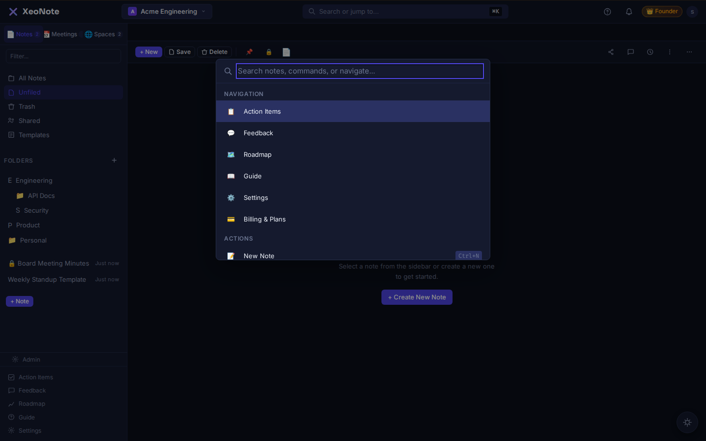 The XeoNote slash command palette open inside a note, showing options for headings, lists, code blocks and callouts.