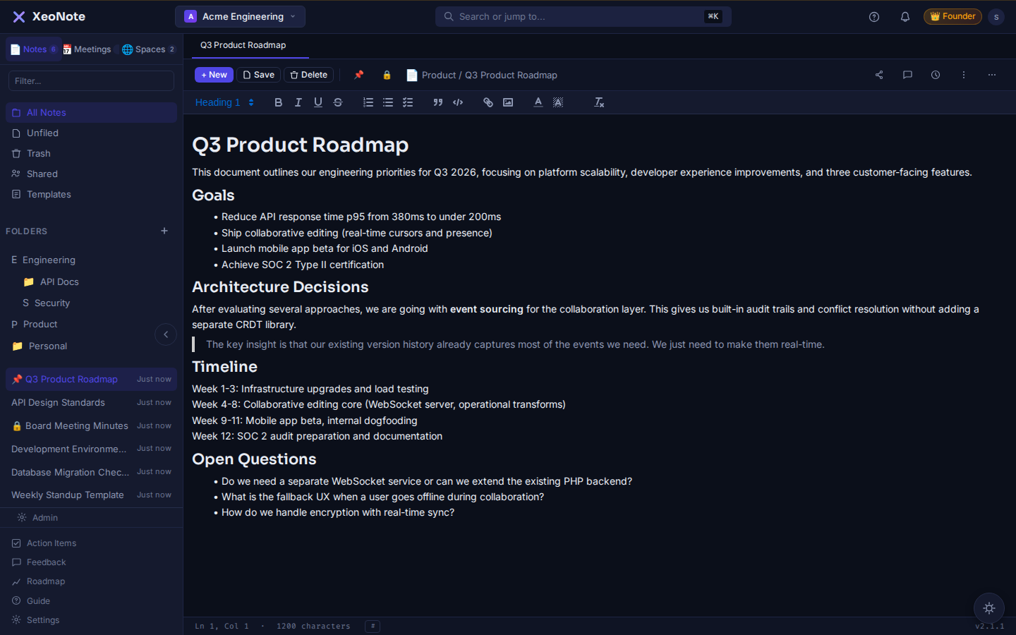 XeoNote desktop web app in dark mode showing the editor with a workspace sidebar, a list of notes, and an open document.