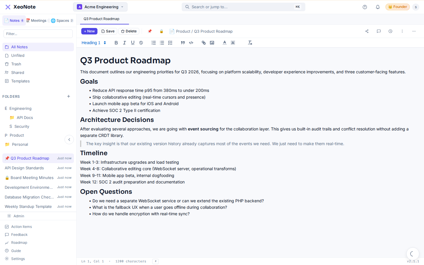 XeoNote desktop web app showing the editor with a workspace sidebar, a list of notes, and an open document.