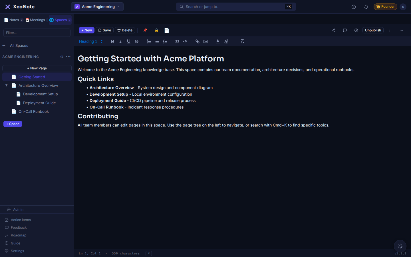 A XeoNote Space showing a hierarchical page tree, an open wiki page with comments, and role badges across the team.
